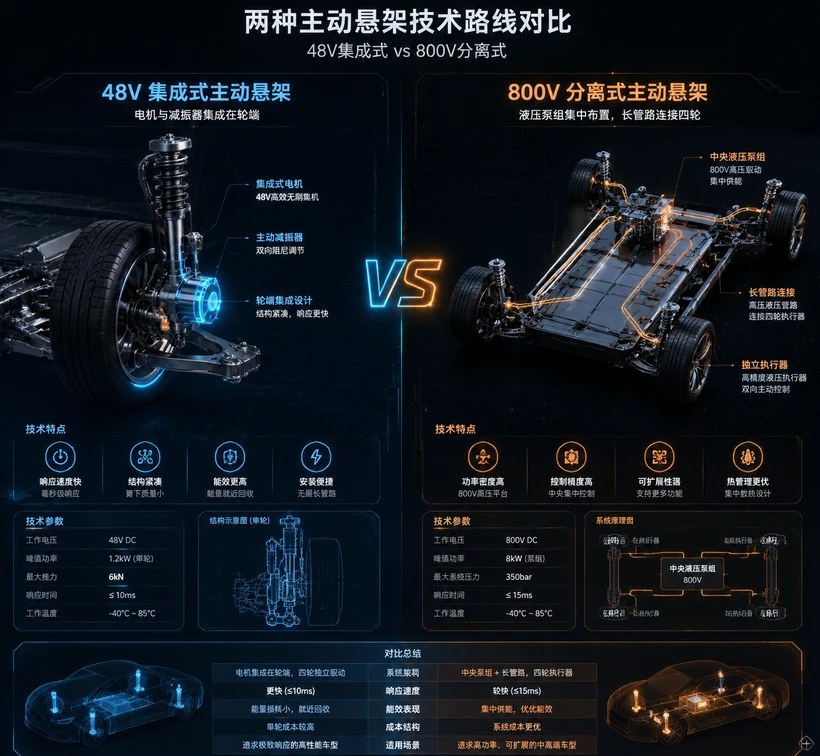 图片对比了48V集成式主动悬架与800V分离式主动悬架两种技术路线。集成式悬架电机与减震器集成在轮端，结构紧凑、布置灵活；分离式悬架液压泵组集中布置，长管路连接减振器。